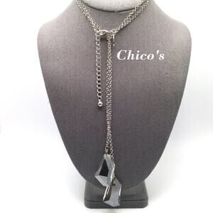 Chico’s Silver Tone Y Necklace Smoky Crystal Pendant Modern Statement